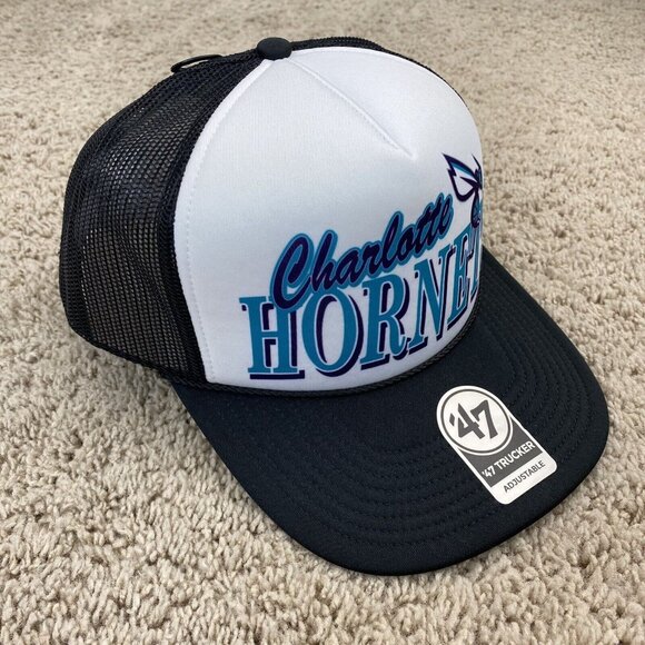 Charlotte Hornets 47 Trucker Hat Foam Snapback White Black Mesh Script Logo Cap - Picture 3 of 8